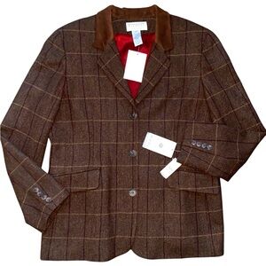 Vintage Talbots Brown Pure Wool Checkered Blazer with Red Lining NWT Size 16